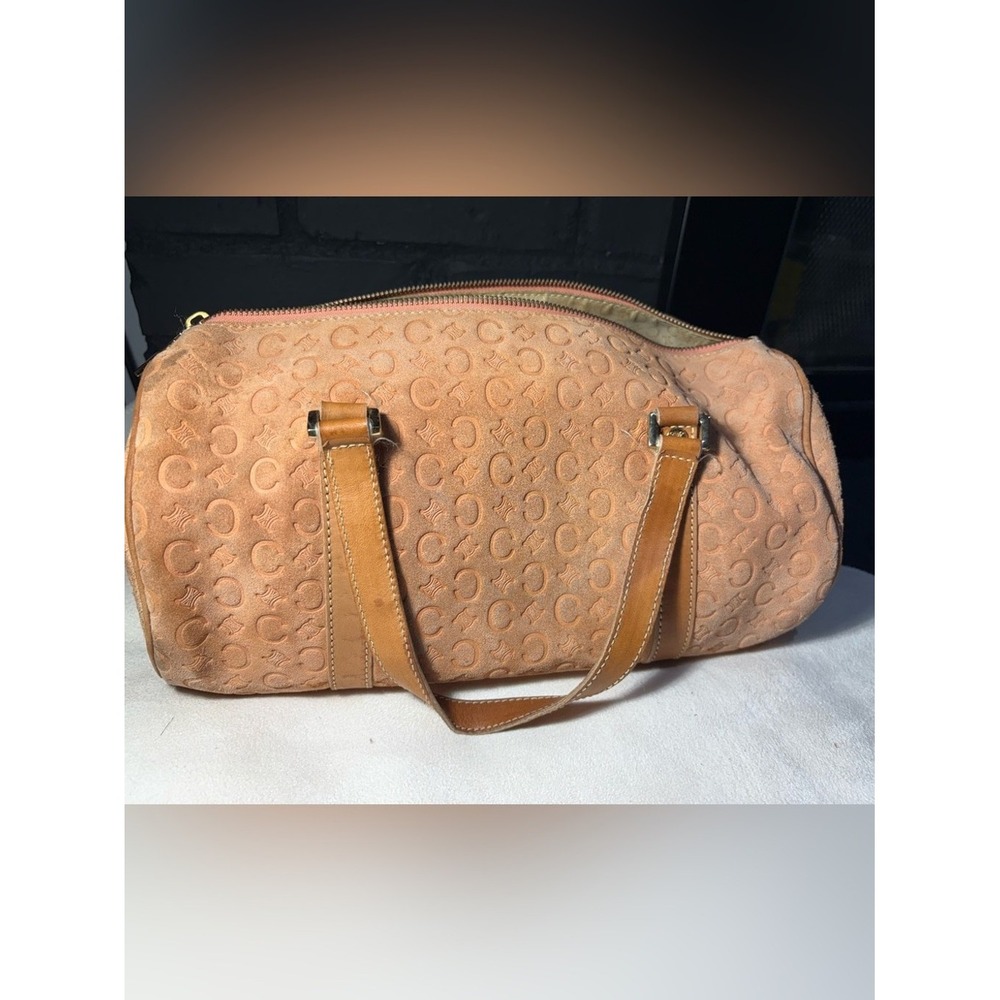 Celine Vintage C‎ Macadam Monogram Suede Barrel Bag Peach Tan Leather Trim